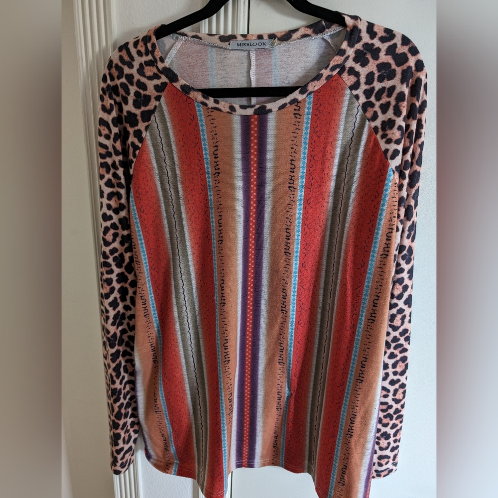Multi color striped top with cheetah sleeves